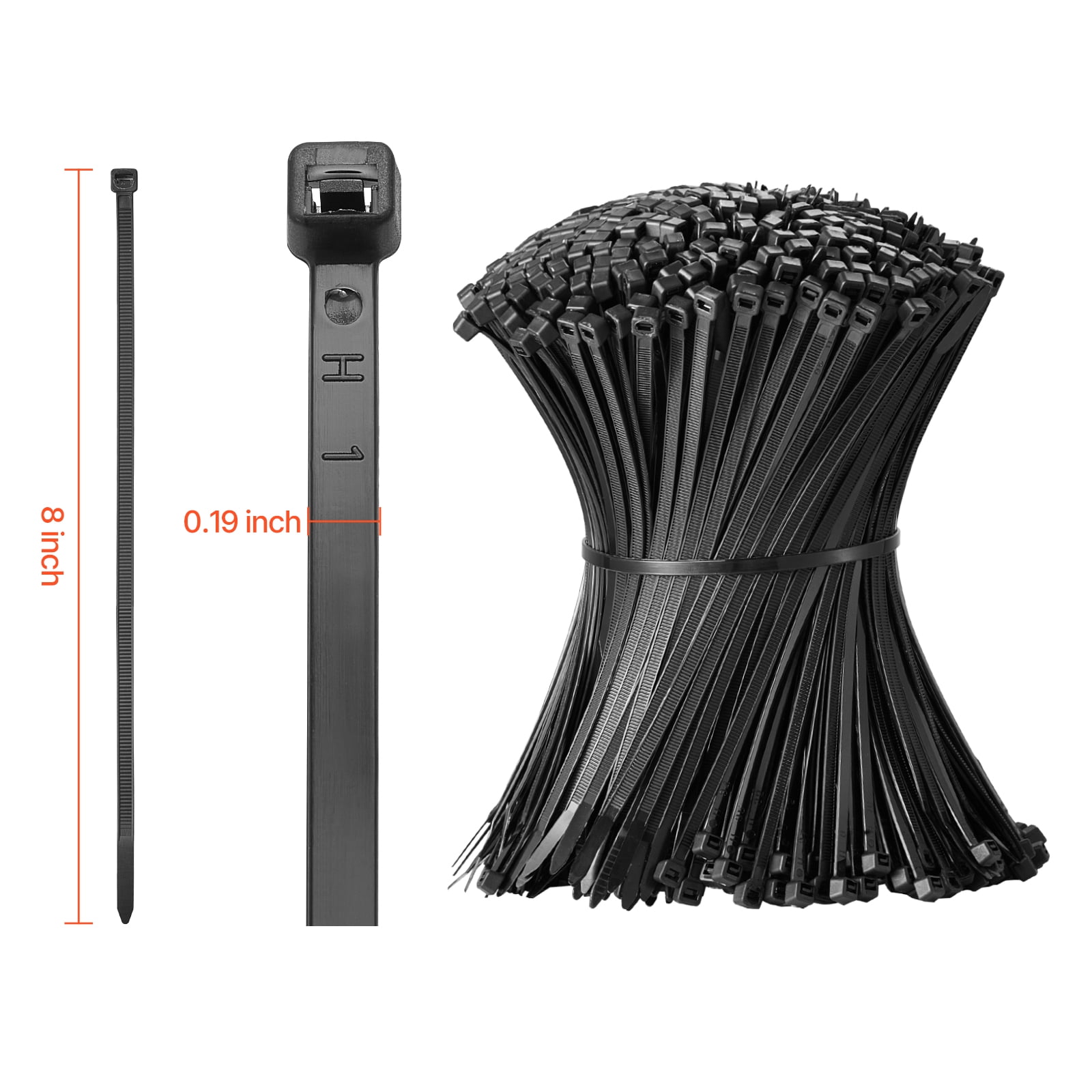 VEVOR 1000 Pack Cable Zip Ties, 8-inch Heavy Duty Cable Wire Ties with 45LBS High Tensile Strength, Multi-Purpose Self-Locking Nylon Tie Wraps, Heat & Cold Resistant for Indoor and Outdoor Use