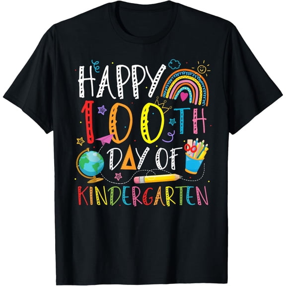 Happy 100th Day of Kindergarten Adult Teacher Rainbow Kids Boys Girls T-shirt