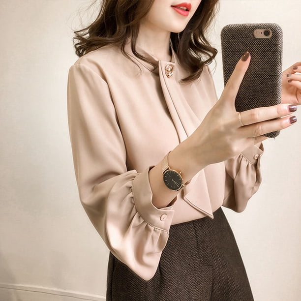 Blusas De Gasa De Trabajo Para Mujer, Blusa De Gasa De Manga Larga, Color Albaricoque De Corte Suelto Respetuoso Con La Piel Para Ir De Compras