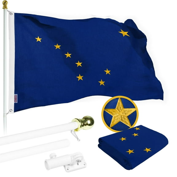 G128 Combo Pack: 6 Ft Tangle Free Spinning Flagpole (White) & Alaska Flag 3x5 Ft Embroidered 220GSM Spun Polyester, Brass Grommets (Flag Included) Aluminum Flag Pole