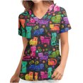 thumbnail image 2 of Pntutb Mujeres de manga corta con cuello en V Uniforme de trabajo Estampado Ropa de trabajo Blusas Jersey Camisetas tops Pntutb Pntutb-5956, 2 of 5