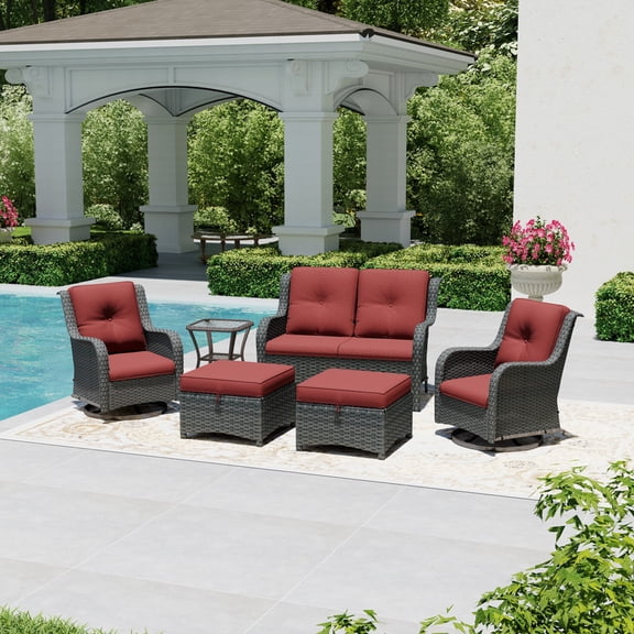 Joyside 6 Piece Wicker Patio Set with 2-Seat Loveseat Sofa, 2 Swivel Rocker Chairs, 2 Ottomans & Side Table, Outdoor Furniture Sectional Conversation Set for Deck Porch, Beige