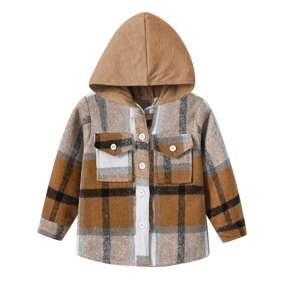Karoyedx Kids Button Down Shirt Boys Button Down Shirts Soft Hooded Long Sleeve Shirt Jacket for Boys Classic Plaid Flannel Shacket Khaki Size,12-18 Months