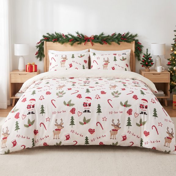 Gogreen Christmas Queen Duvet Cover Set 3-Piece, Microfiber Bedding Deep Pocket, Soft Breathable Wrinkle Resistant Holiday Decor(Christmas Deer)