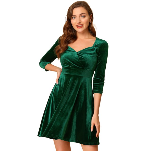 INSPIRE CHIC Robe de Fête Évasée pour Femme d'Halloween en Velours à Encolure Cœur, Manches 3/4, Taille Très Grande, Vert Foncé