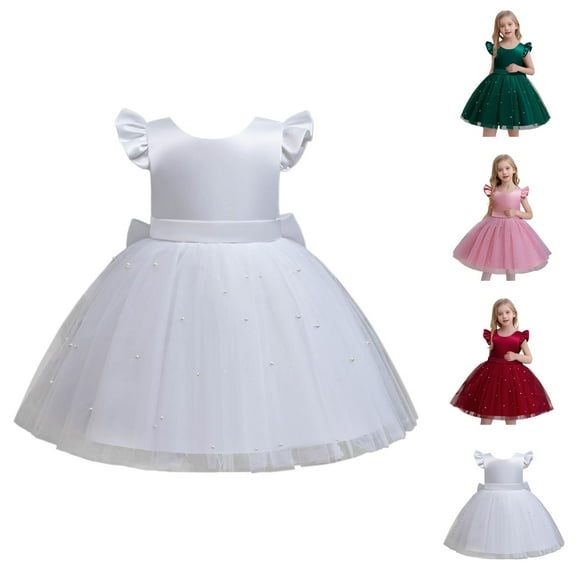 Dress for Girls Girls Princess Dress Toddler Girls Fly Sleeve Dresses Pearl Decoration Solid Bowknot Princess Dress