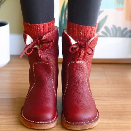 

Foraging dimple Boots for Womens Shoes Solid Lace Up Short Western Rodeo Antiskid Snow Boots Red