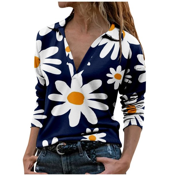Camiseta holgada estampada a la moda para mujer, blusa de manga larga, Tops informales con solapa Pompotops FGAJ21478