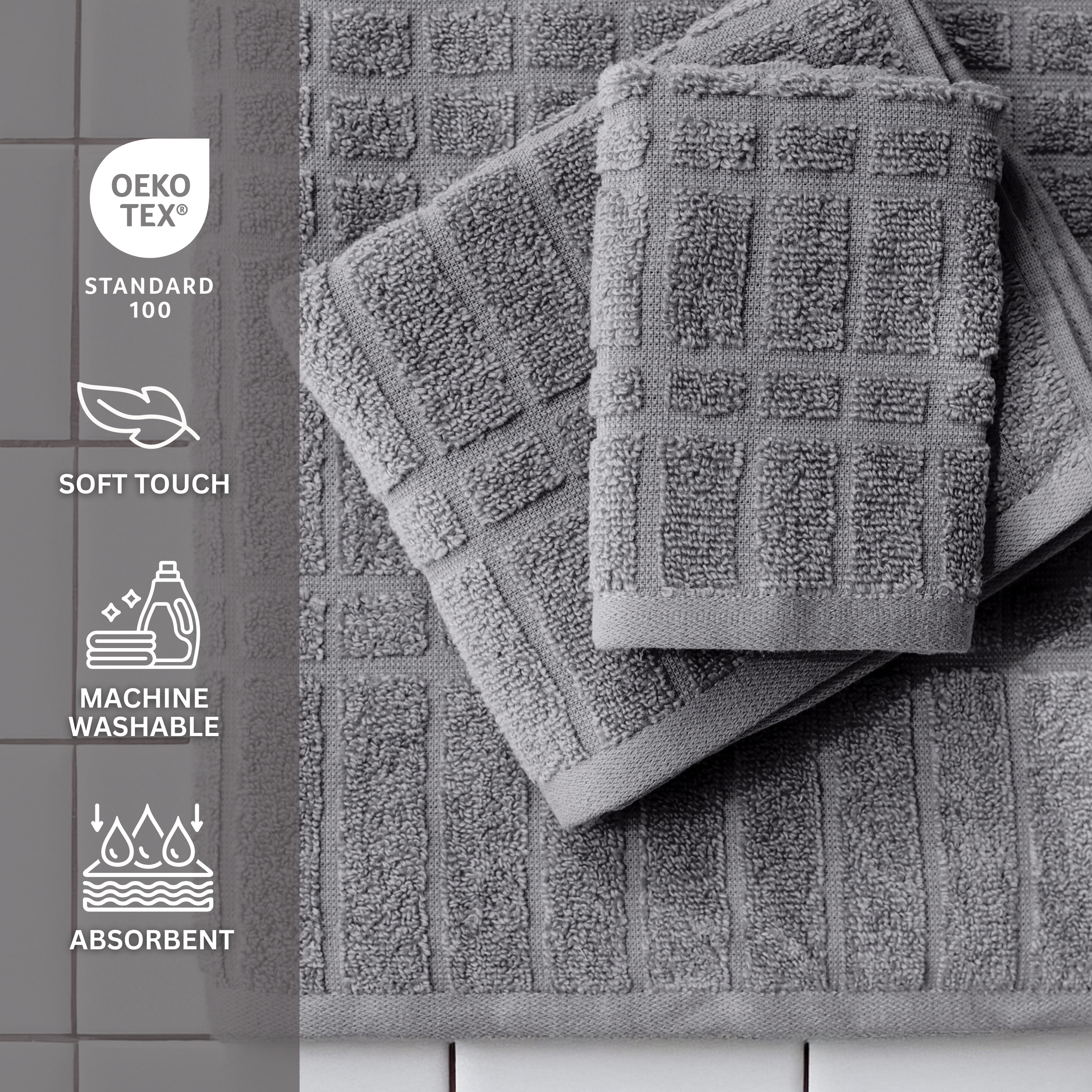 Mainstays Performance Cotton 6-Piece Bath Towel Set, Super Soft Quick Dry Fade Resistant, Textured Grey