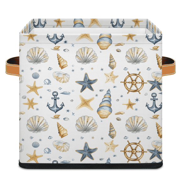CURLYOOT Nautical Coastal Ocean Coral 11 x 11 Inch Cube Storage Bin, Fabric Storage Cube Foldable Basket with Leather Handles, Organizer Basket for Closet Shelves