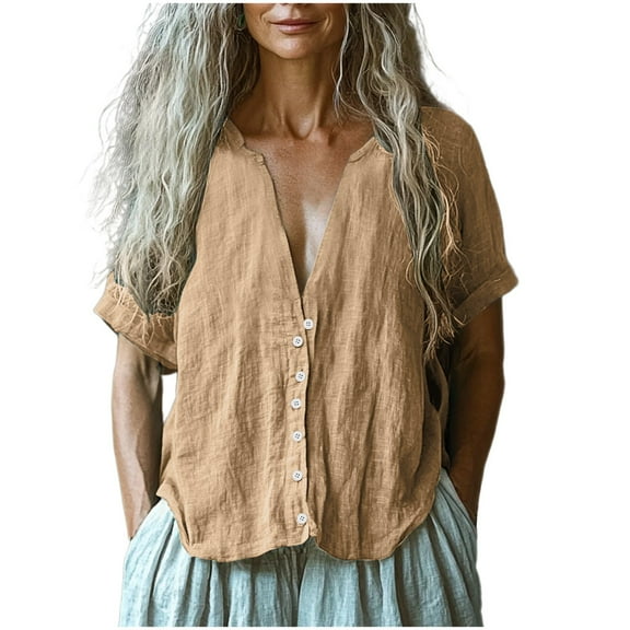 Women's 2025 Linen Cotton Shirt - Deep V-Neck Oversized T-Shirt, Vintage Short Sleeve Button Top for Women, Breathable Boho Chic Blouse