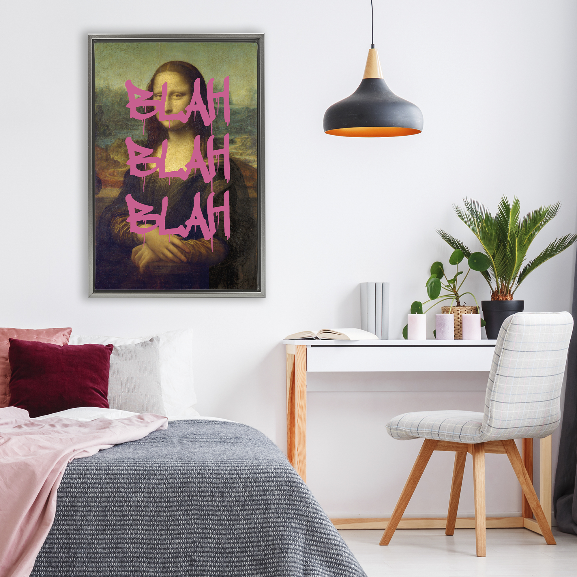 Graffiti Over Mona Lisa Gray Framed Floater Canvas Wall Art, design by Masters Redux