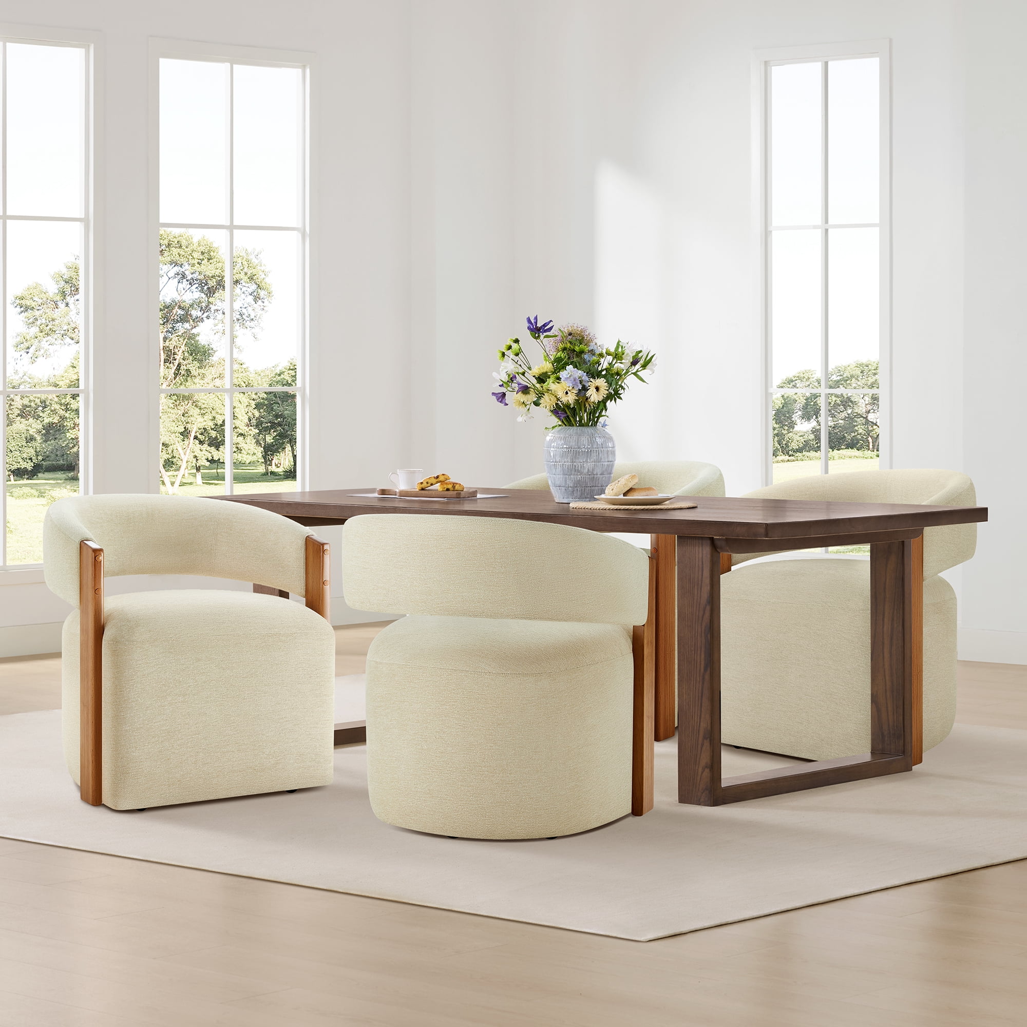 Spruce & Spring Upholstered Dining Chair with Wooden Armrests and Rolling Casters Single, Beige Sand