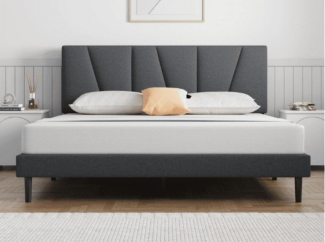 Twin/Full/Queen/King Size Bed Frame with Adjustable Headboard, Upholstered Linen Platform Bed Frame with Strong Wooden Slats, Mattress Foundation, No Box Spring Needed, Easy Assembly, Gray