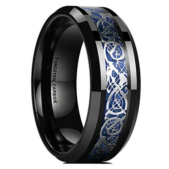 Wedding Rings For Men or Women. 8mm Black Tungsten Band Silver Blue Celtic
