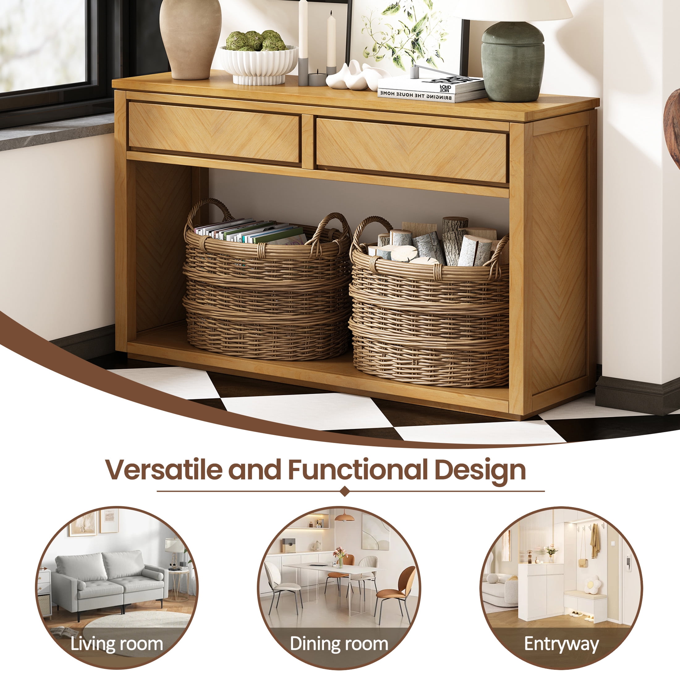Aukfa 55" Console Table, Rustic Entryway Sofa Table with Storage Drawers and Open Shelf for Hallway and Living Room, Oak