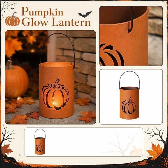 Halloween Porch Decorations, Halloween Pumpkin Lantern, Fall Candle Holder, Outdoor Fall Pumpkin Decorations, 7X4.5 Inch Rusted Metal Iron Pumpkin Bucket Candle Container, Hollow