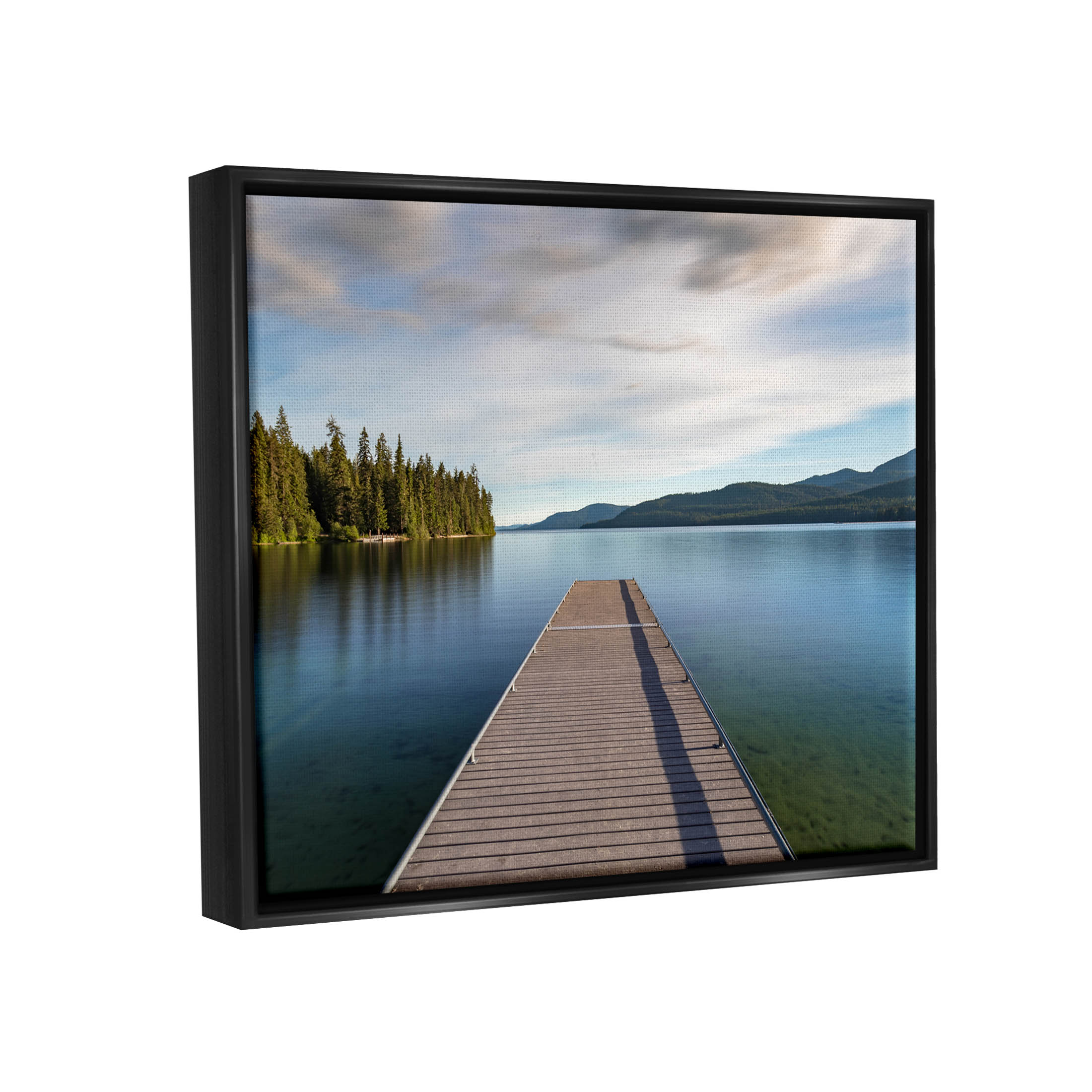 Soothing Lake Dock Mountains Landscape Photograph Jet Black Framed Art Print Wall Art