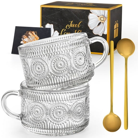 Coffee Cup Vintage Glass Mugs 14 Ounces Set of 2 Embossed Tea Cups Stackable with Four Spoons for Cereal, Yogurt, Latte, Clear Breakfast Cups for Hot or Cold Beverages