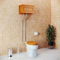 High Tank Pull Chain Toilet Light Oak Finish Wooden Raised Tank White Porcelain Round Bowl & Satin L Pipes 70"- 74" Renovators Supply