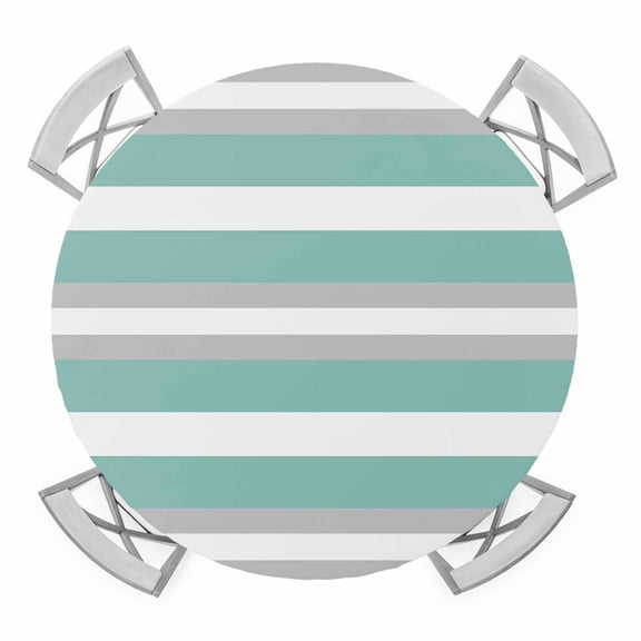 Aqua Grey White Stripe Round Fitted Tablecloth with Elastic Edge, Waterproof Table Cloth Table Cover for 36"-44" Tables, Rustic Modern Turquoise Striped Tablecloths for Dining Picnic Indoor Outdoor