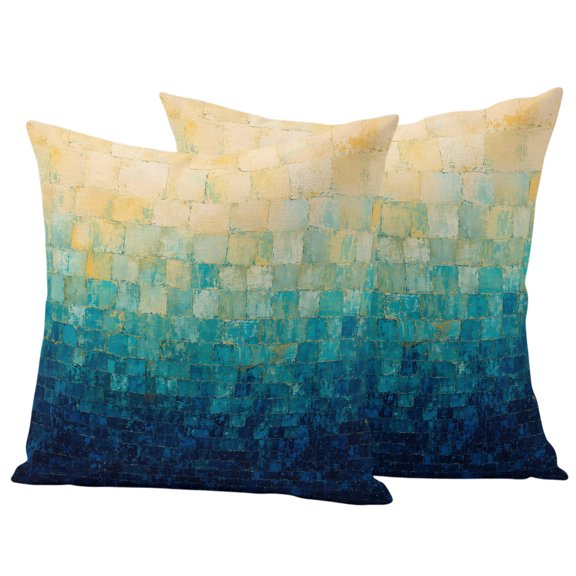 Blue Brown Abstract Outdoor Waterproof Pillow Covers, Boho Ombre Tile Mottled Modern Art Decorative Square Throw Pillowcase Sofa Cushion Sham for Patio/Couch/Chair, 16"x16" 2 Pack