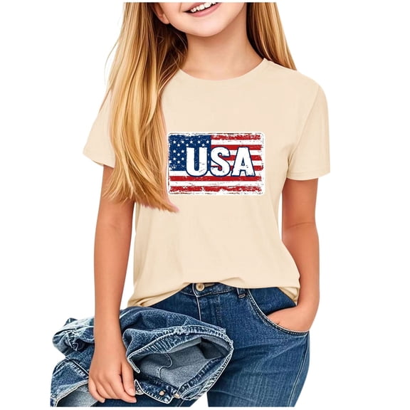 Kids Girl Boy Brunch T Shirts Short Sleeve Tee Tops for Child Crewneck Spandex USA Flag Graphic Loose Fit Fall Summer Shirts 2026 Clothes Fashion Y2K