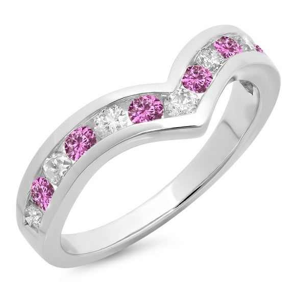 Dazzlingrock Collection 14K Round Pink Sapphire & White Diamond Wedding Stackable Band Guard Chevron Ring, White Gold, Size 6.5