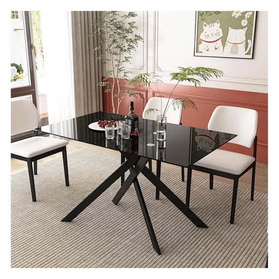 51.18" Rectangular Glass Dining Table, Tempered Glass Kitchen Tabe with Metal Legs, Stylish and Sturdy Dinner Table for Home and Outdoor Dining (Full Black, 51.18'')