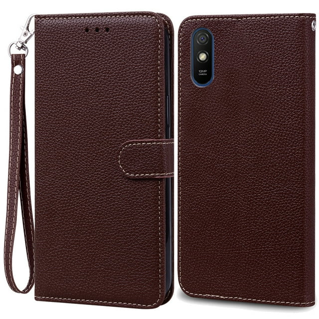 Pour Redmi 9A Étui Portefeuille de Luxe Étui à Rabat pour Xiaomi Redmi 9A Étui de Téléphone Étui Protecteur en Cuir pour Xiomi Redmi 9A 9AT Fundas Café -Sangle pour Redmi 9A