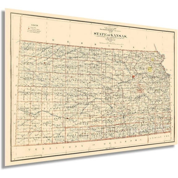 HISTORIX 1898 Kansas State Map - 24x36 Inch Vintage Map of Kansas Wall Art Decor - Old Kansas Map Poster Showing County Seats Land Offices Indian Reservations and Railroads (2 Sizes)