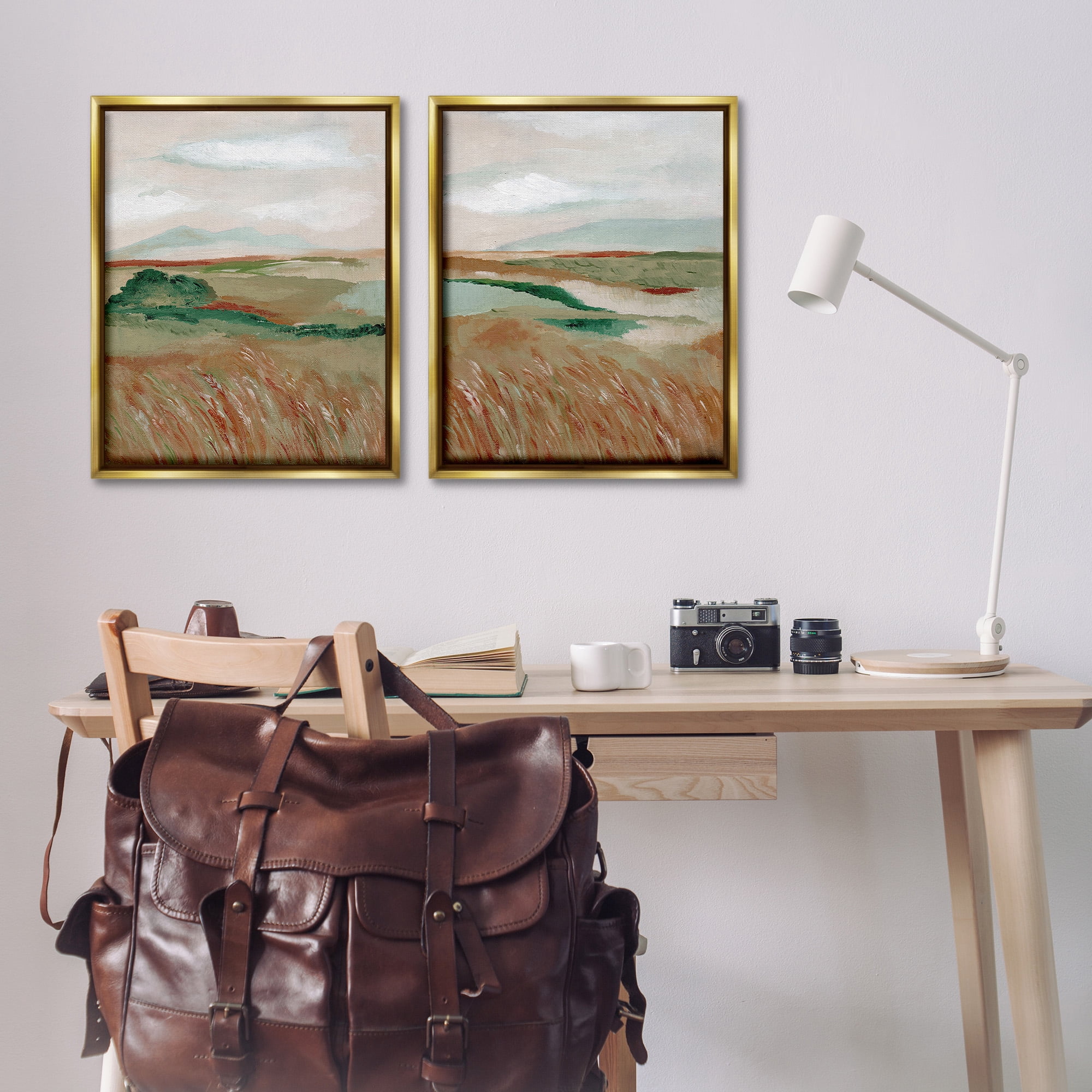 Stupell Industries Windblown Reeds Landscape Landscape Painting Gold Floater Framed Canvas Art Print Wall Art, 25 x 31, Set of 2