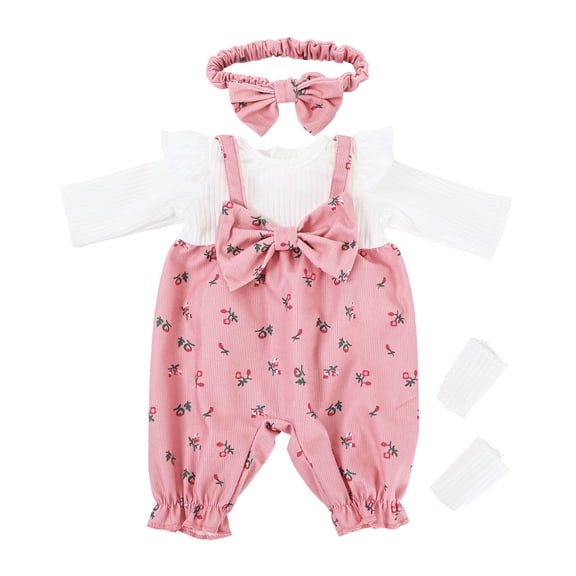 Yhmxh 11.8 Inch Doll Clothes Outfit Set, Floral Print Overalls with Ruffle Long‑Sleeve Top, Bow Headband & Socks, Fashion Doll Accessory Clothing for 12‑14 Inch Baby Dolls