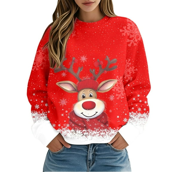 Fiaer Christmas Crewneck Sweatshirts Women Reindeer Snowflake Graphic Pullover Oversized Long Sleeve Loose Fit Xmas Tops Red XL
