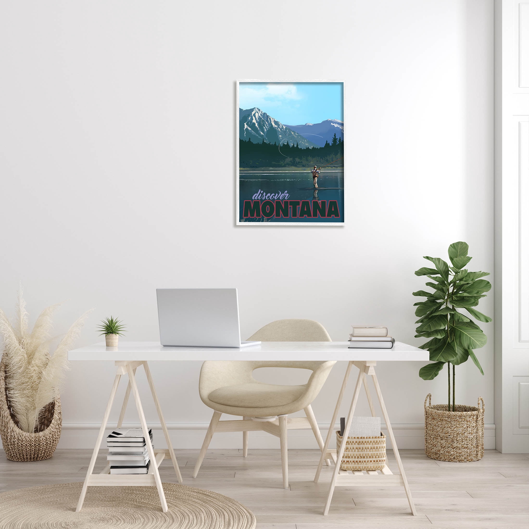 Discover Montana Lake Fishing Scene Landscape Graphic Art White Framed Art Print Wall Art