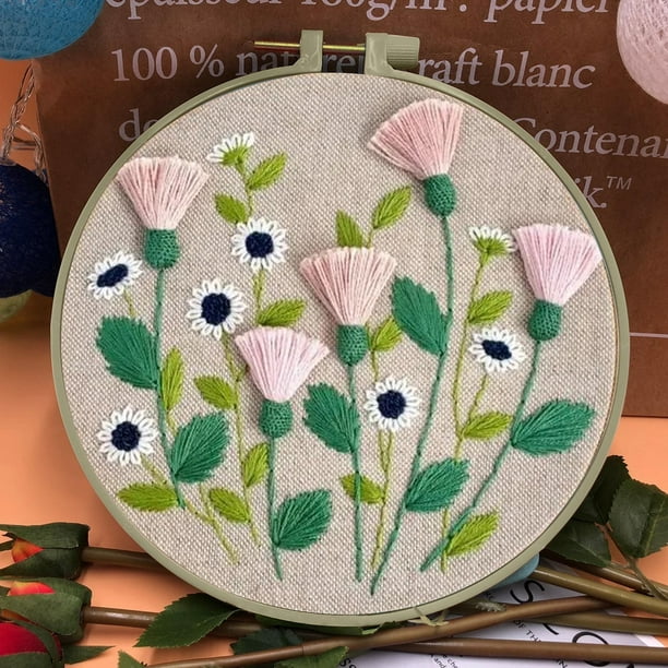 Kit de bordado para principiantes | Set de inicio de bordado a mano para adultos y niños | Kit completo con tela de algodón impresa, hilos, agujas, aro de 20 cm, patrón floral | 30x30 cm | Idea para