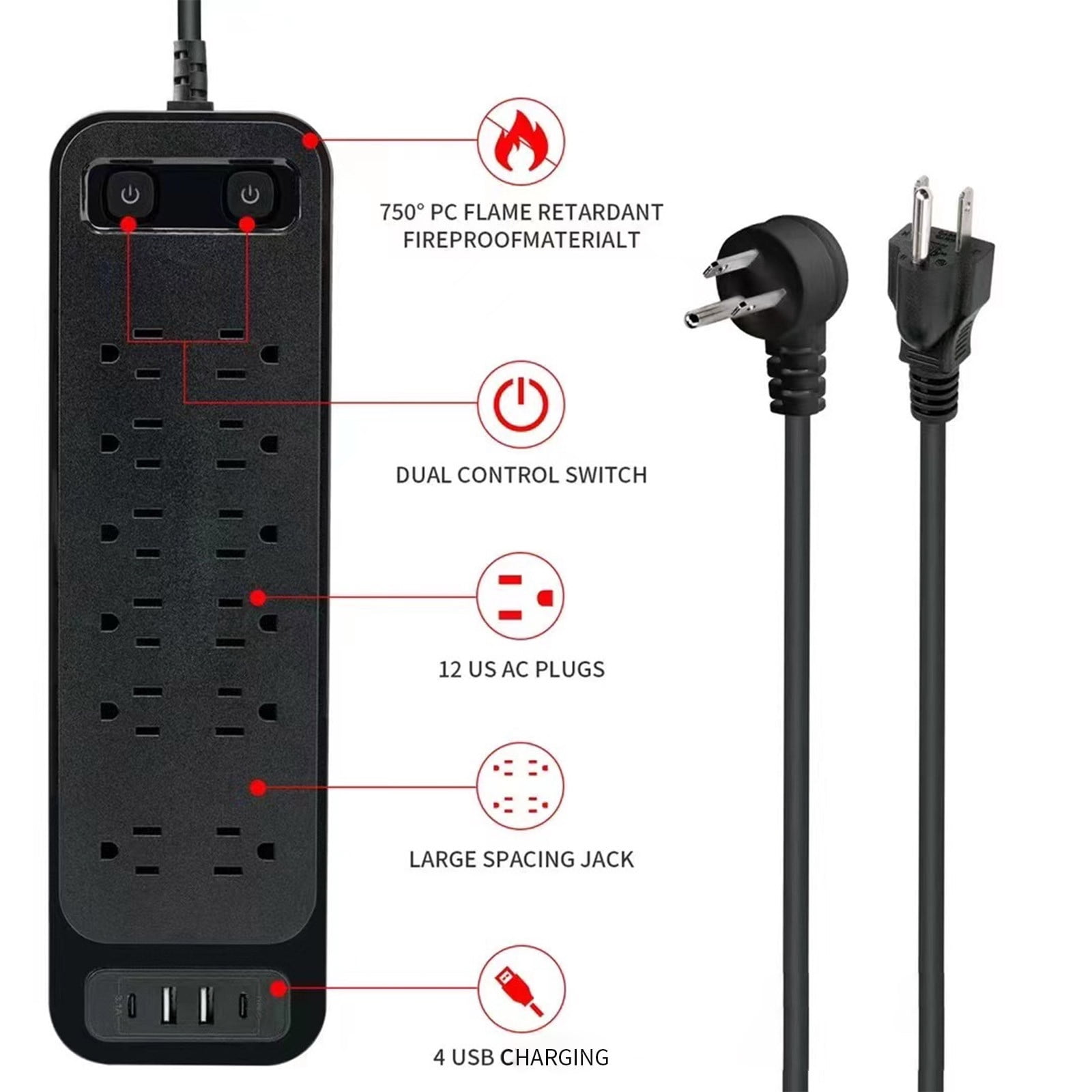 Power Strip, ZzCityTK 12 Surge Protector with USB Ports, 1250W Overload Protection Flame Retardant ABS for Home Office Gaming, Black