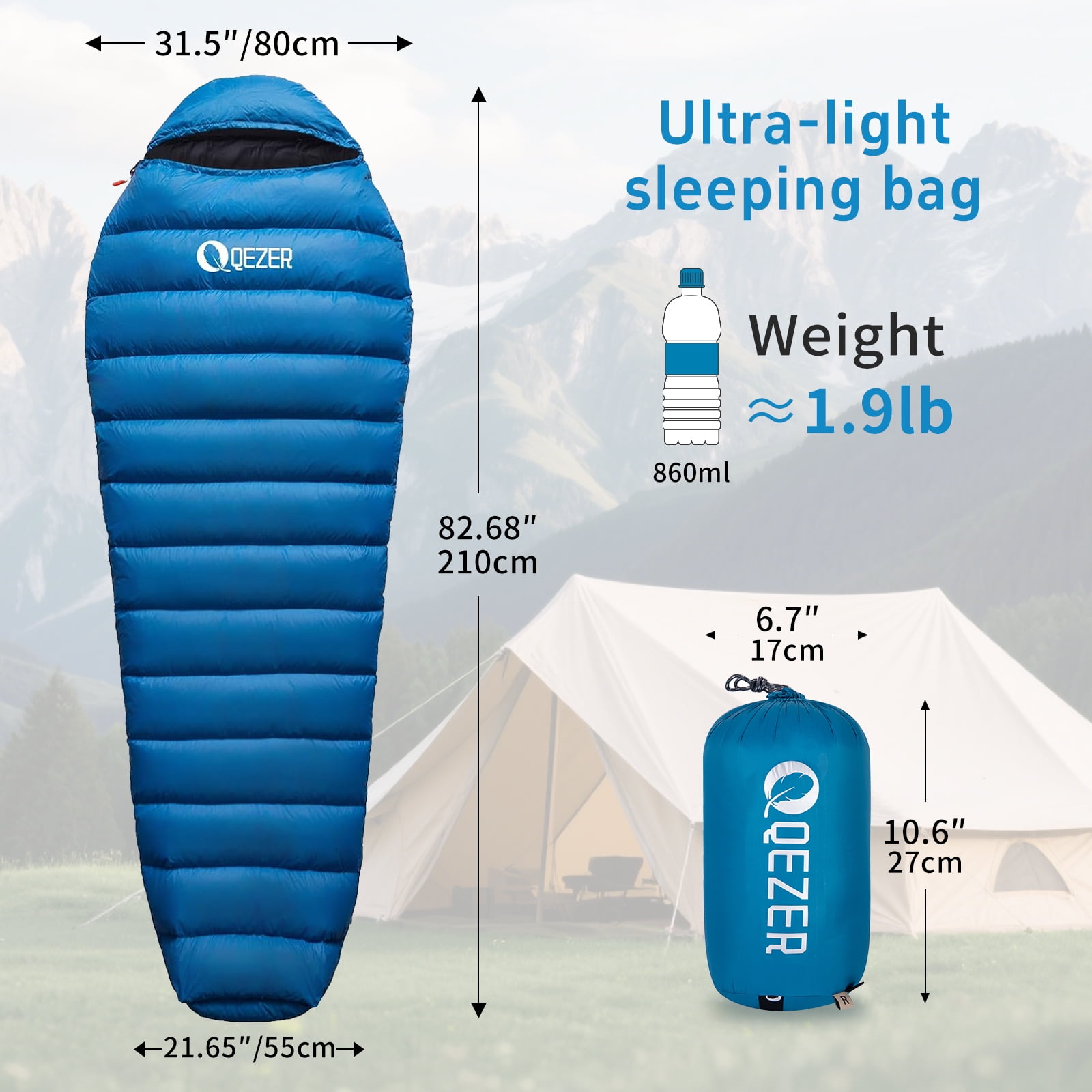 QEZER 650FP Ultralight Down Sleeping Bag, 860g, 36°F - 46°F, 3-Season for Backpacking & camping