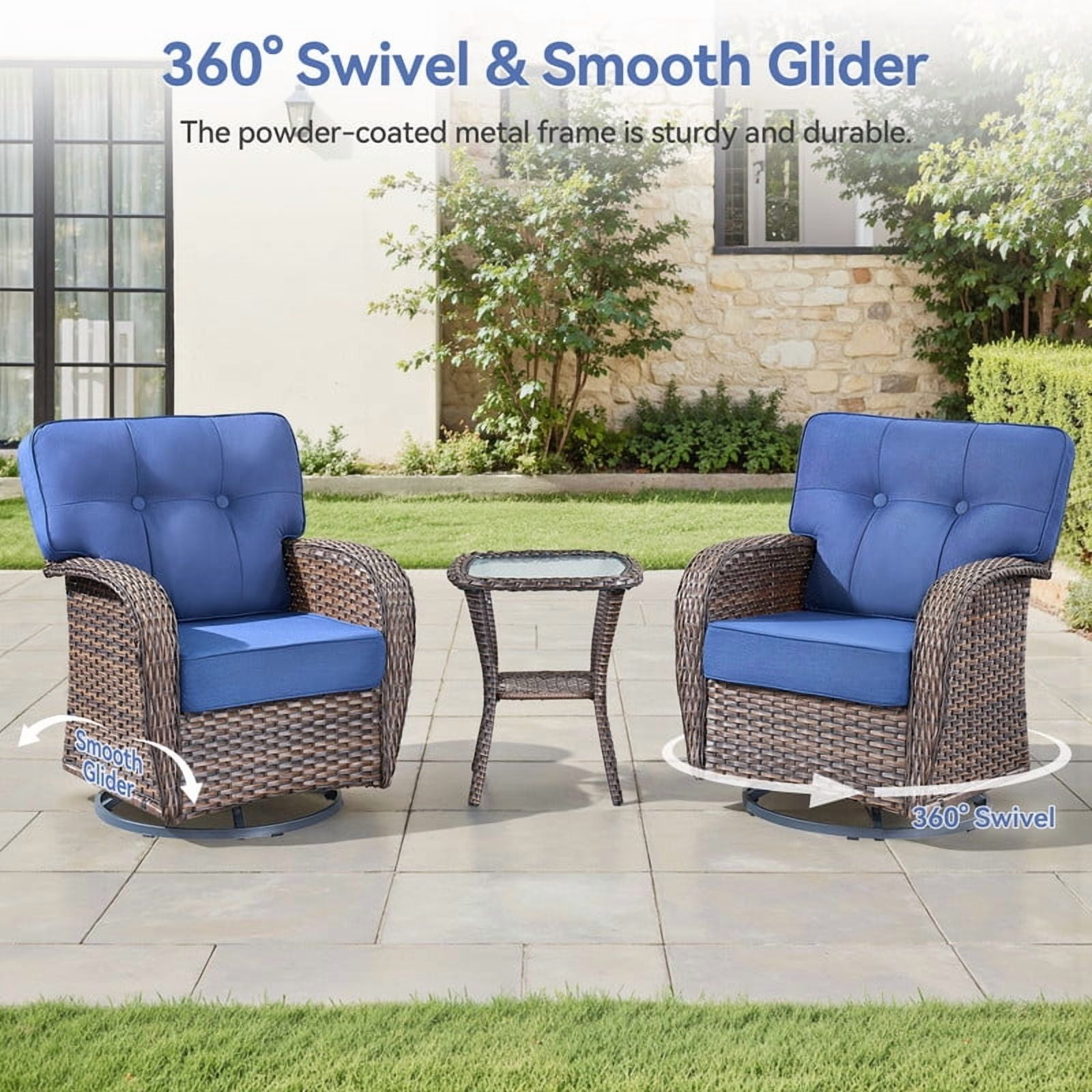 PARKWELL 4 Pieces Patio Furniture Set, Outdoor Swivel Gliders Rocker, All-Weather Wicker Conversation Set with Rattan Rocking Chair and 5" Thick Cushion for Porch Deck, Brown/Navy