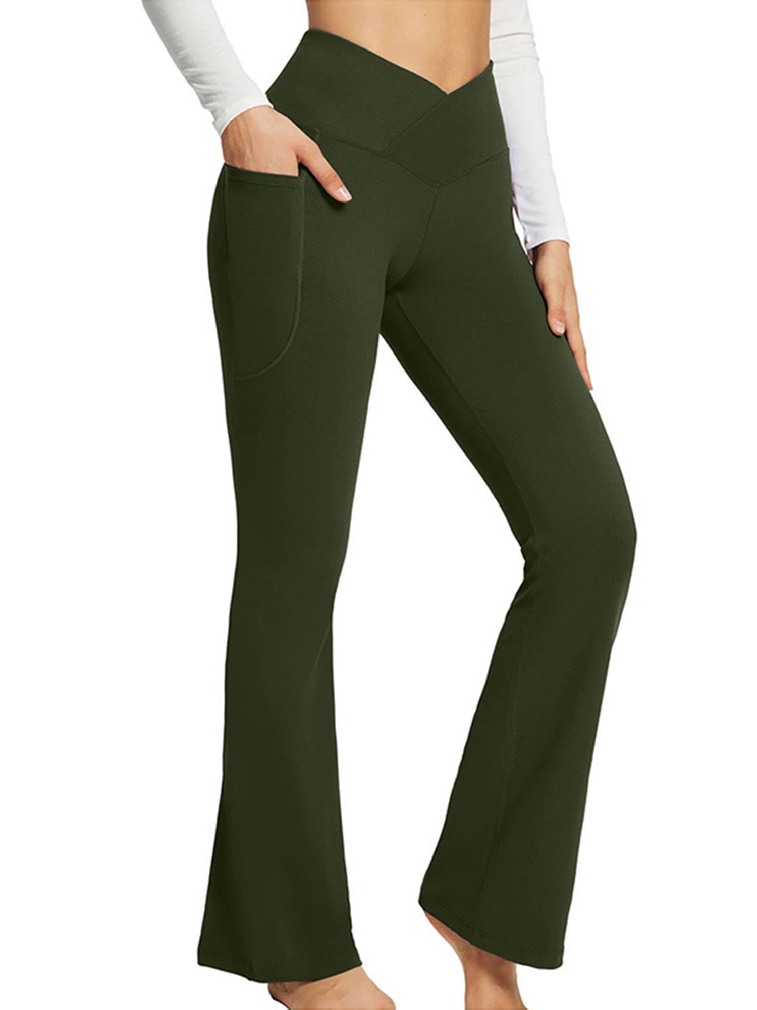 Frontwalk Women's Flare Yoga Pants Crossover High Waisted Casual Bootcut Leggings Green S