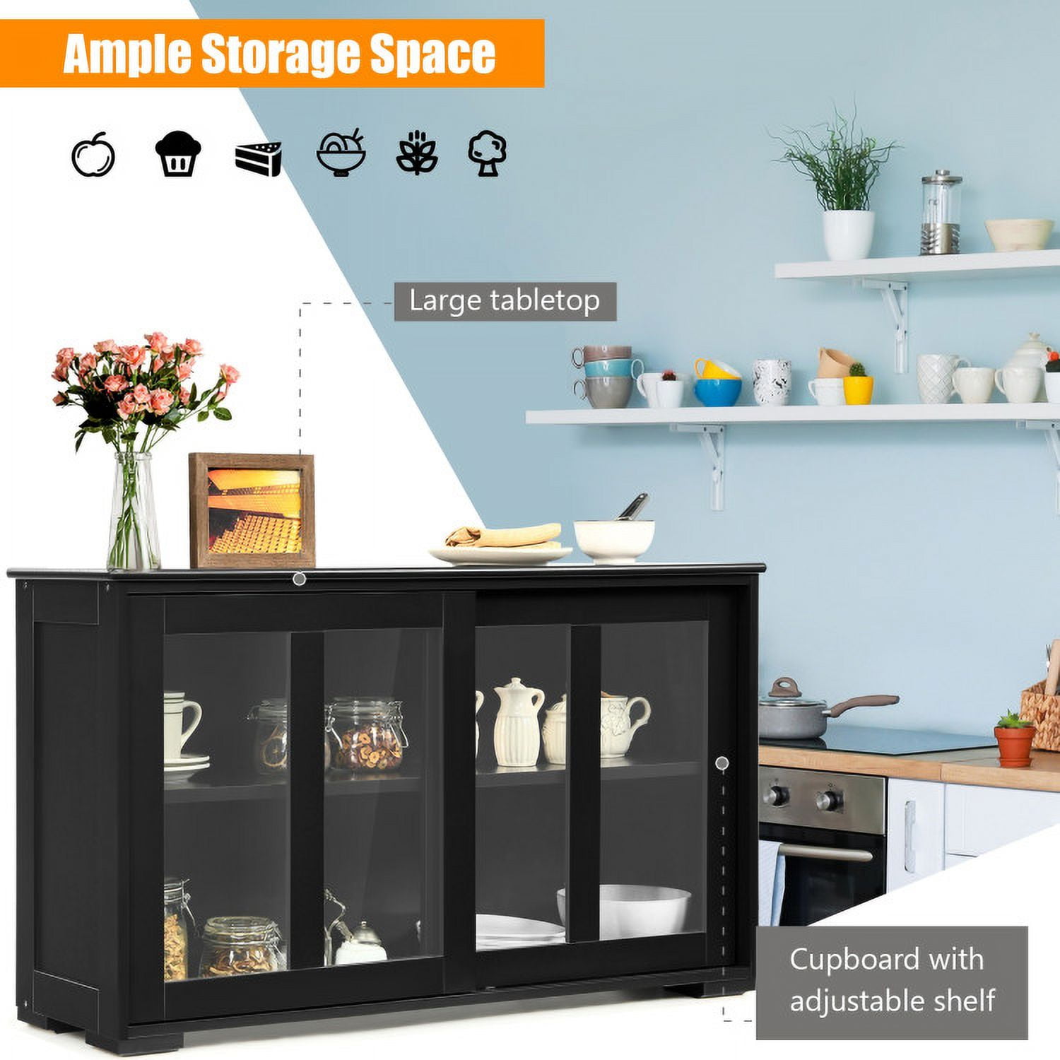 Finihen Kitchen Storage Cabinet, Buffet Sideboard, with Glass Sliding Door, for Dining Room, Kitchen, Living Room, Black Finihen Kitchen Storage Cabinet, Buffet Sideboard, with Glass Sliding Door, for Dining Room, Kitchen, Living Room, Black