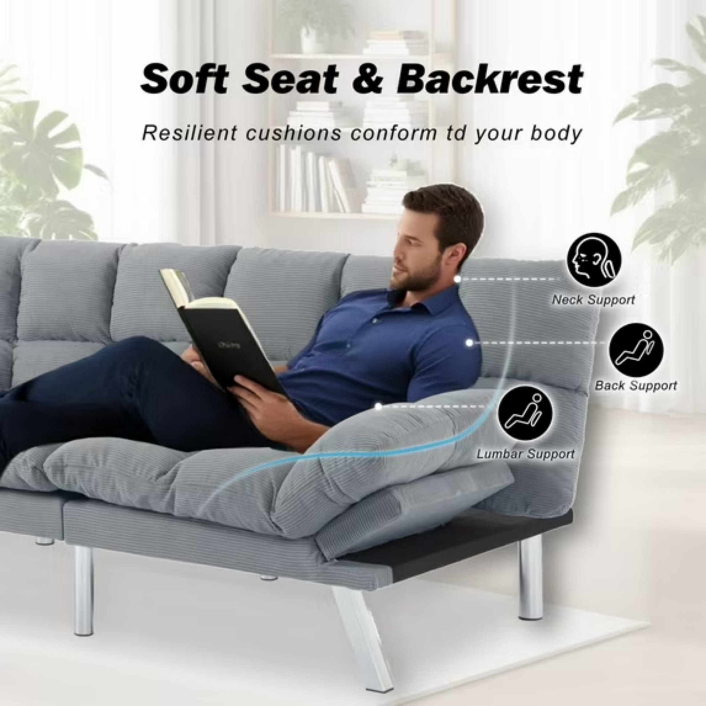 BSHTI 67.3" Futon Sofa Bed, Corduroy 3 in 1 Convertible Sofa Bed with Adjustable Backrest, Split-Back Design, Loveseat Sofabed for Living Room, Office, Guest Room, Light Gray