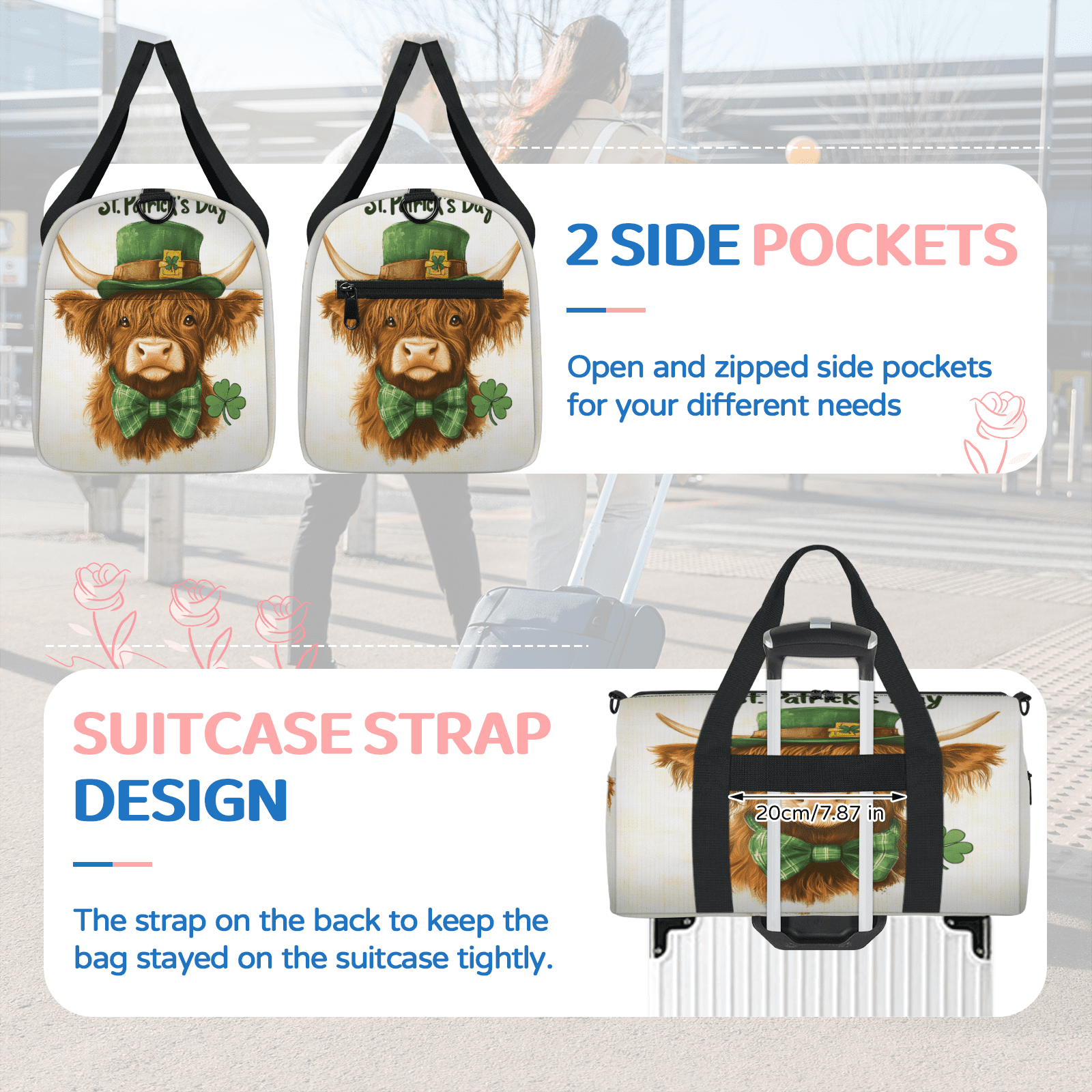 Herdesigns Highland Cow St. Patrick's Day Gym Bag for Women, Duffle Bag for Travel Sport, Lightweight Waterproof Carry on Weekender Overnight Dance Yoga Workout Bags