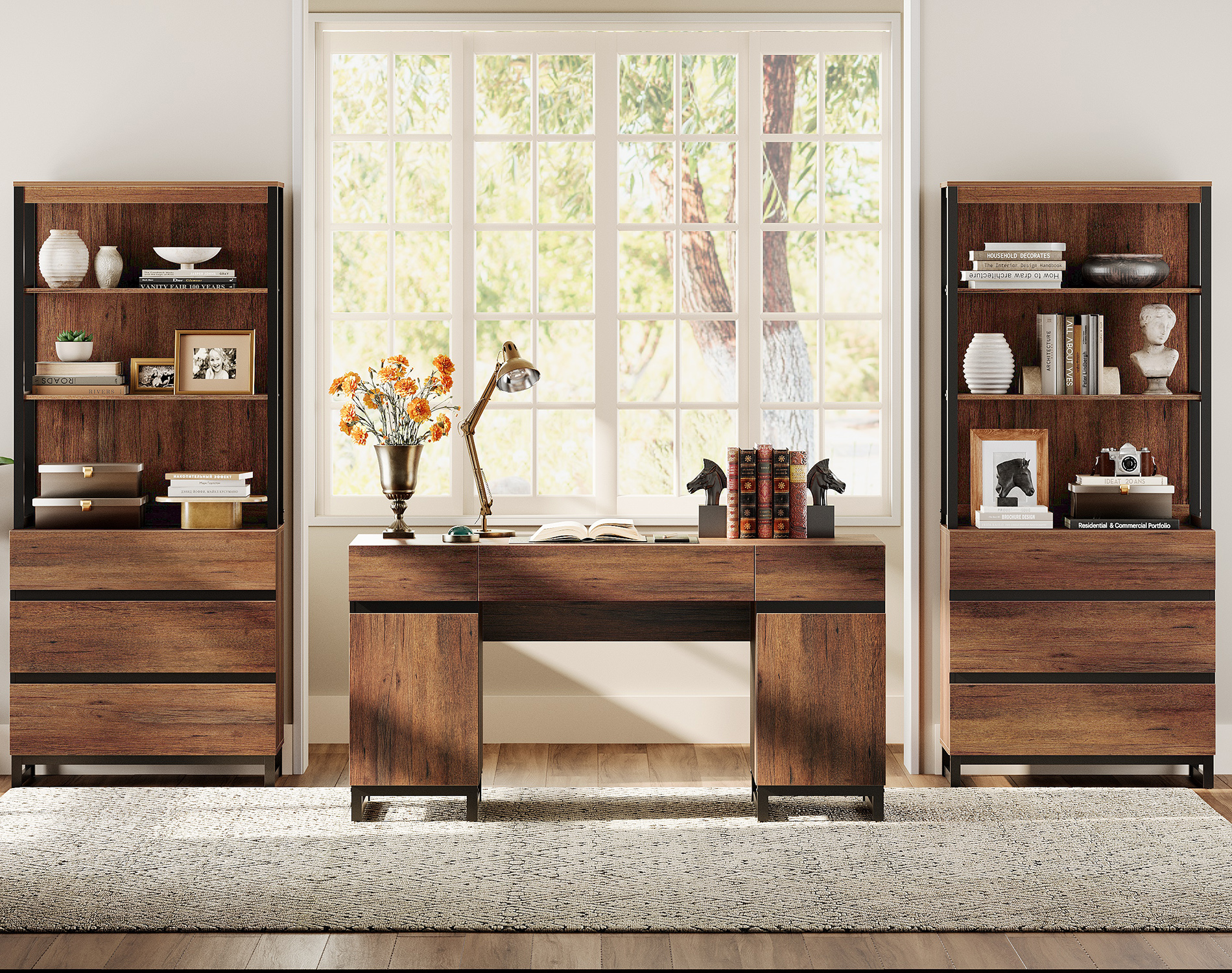 WAMPAT Home Office Furniture Set: 59" Executive Desk with Charging Station and Storage Cabinet, 72" Tall Bookcase with 6 Drawers, Modern Computer Desk and Library Shelf for Work Study, Brown