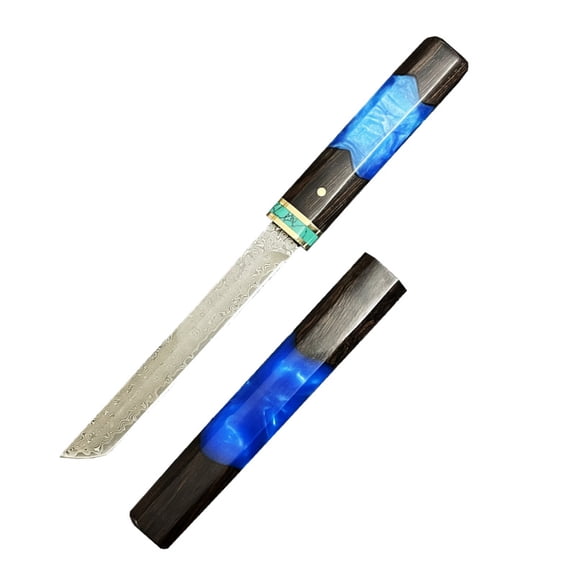 Damascus Steel Tanto Knife with Sheath, 7.95 inch Handmade Fixed Blade Knife, Blue Resin & Wood Handle, Ideal for Camping, Survival, Outdoor, EDC, Gift for Men