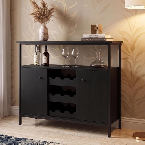 32.9 in Farmhouse Sideboard Cabinet with Wine Rack Coffee Bar Buffet Cabinet with Adjustable Shelves Black