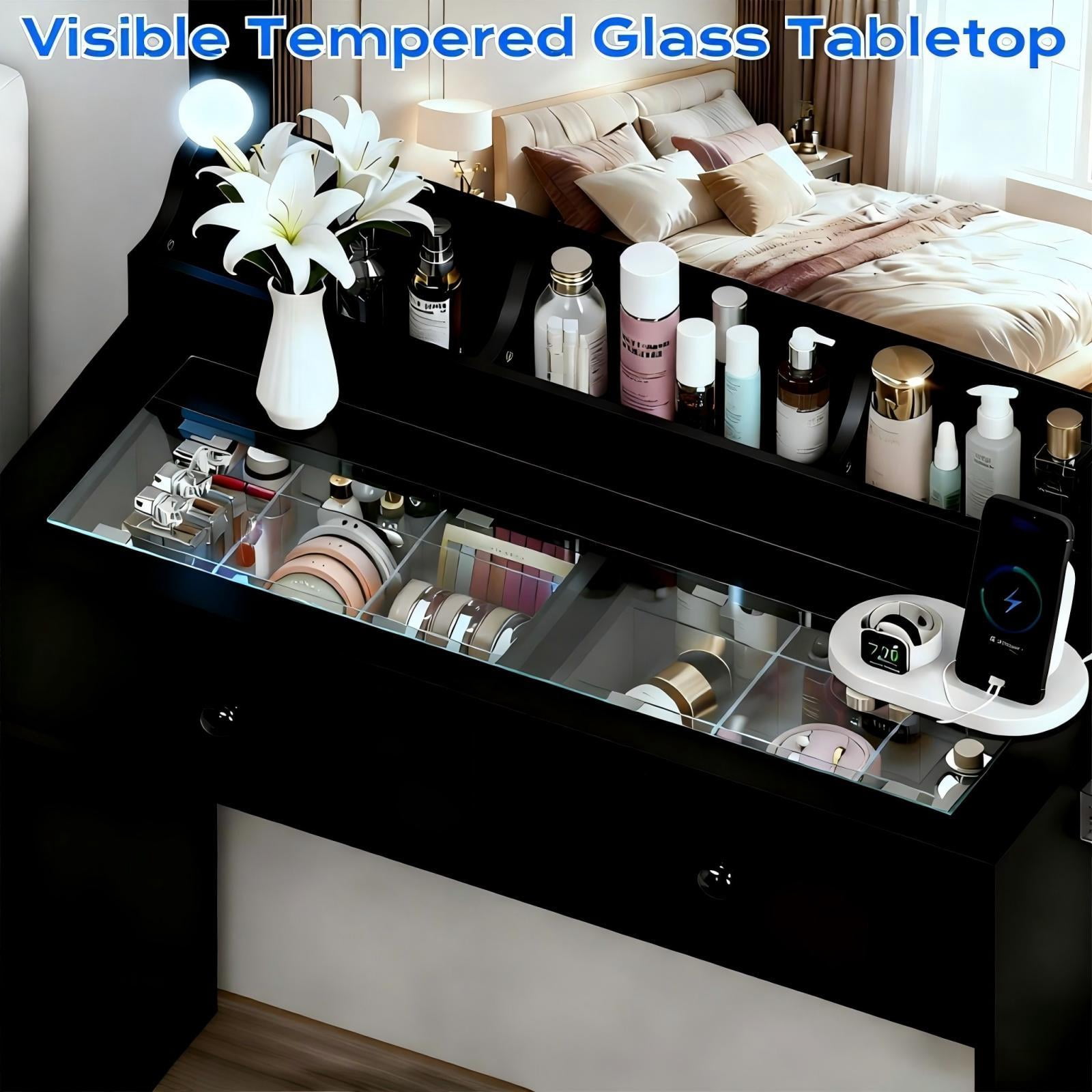 Zimtown Vanity with Mirror and Light, Makeup Desk  with Charging Station and Storage, Dressing Table with Hair Dryer Rack for Bedroom, Black