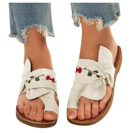 

2022 Newest Women Flat Sandals Open Toe Bowknot Embroidered Flowers Ladies Slide Sandals Clip Toe Orthopedic Bohemian Fashion Mules Cork Beach Pool Sliders Shoes