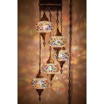 DEMMEX 5-Large 7" Globes Turkish Moroccan Mosaic Swag Plug-in Chandelier, Handmade Boho Oriental Hanging Ceiling Lamp Light Fixture with 15ft Cord Chain and Plug, 4ft Drop (Anatolian Rug)