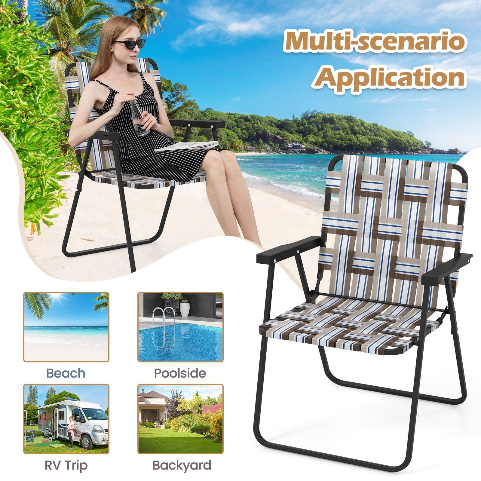 Topbuy Set of 2 Webbed Lawn Chairs, Outdoor Patio Folding Chairs w/ Heavy-Duty Metal Frame Lightweight Portable Web Camping Chairs Brown
